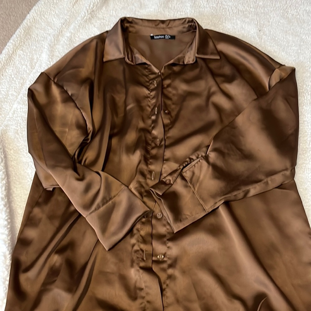 Brown satin button up
